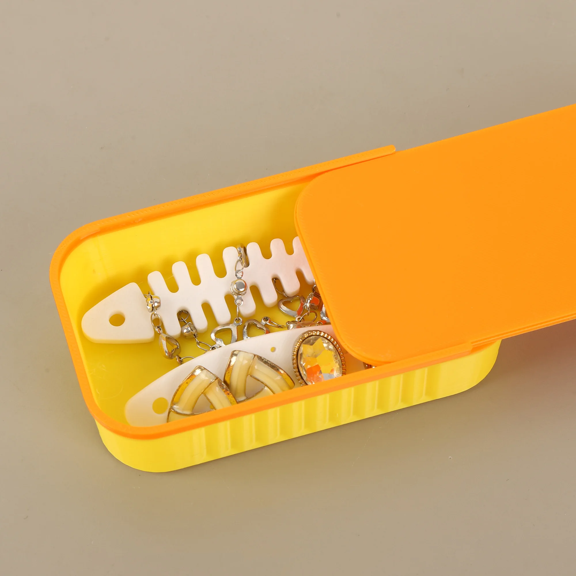 Cute Fish Bone Jewelry Organizer Box, Orange Yellow Plastic Slide Lid Storage Case for Necklaces Earrings Travel Portable Home D