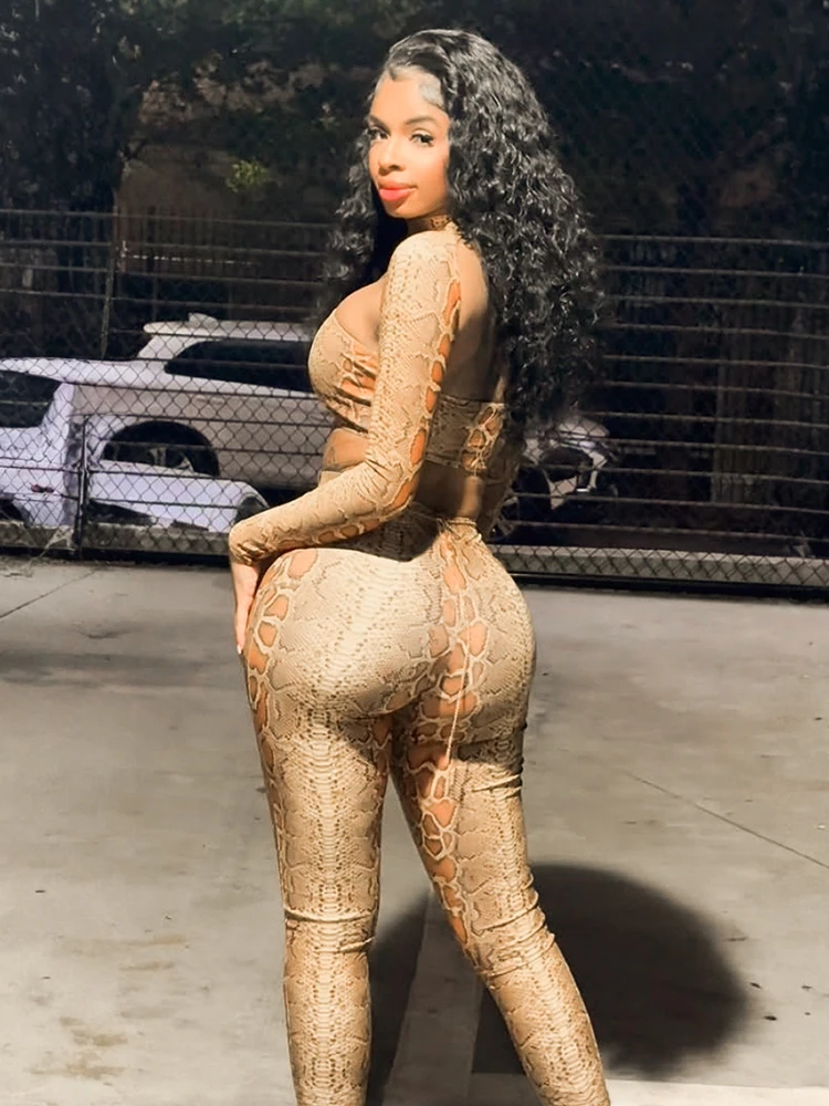 Leosoxs Hipster Snake Print Set da 2 pezzi Donna Hollow Backless Petto avvolto Crop Top + Leggings Sexy Stretch Clubwear Outfit