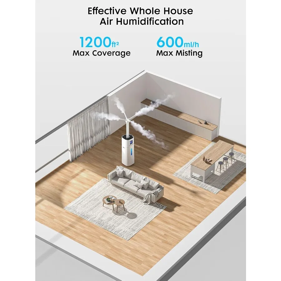 مرطب 15 لتر/4 جالون للغرف الكبيرة مع أغطية مخرج رذاذ 600 مل/ساعة يصل إلى 1200 قدم يتميز التحكم التلقائي في الرطوبة 72 ساعة Continuo