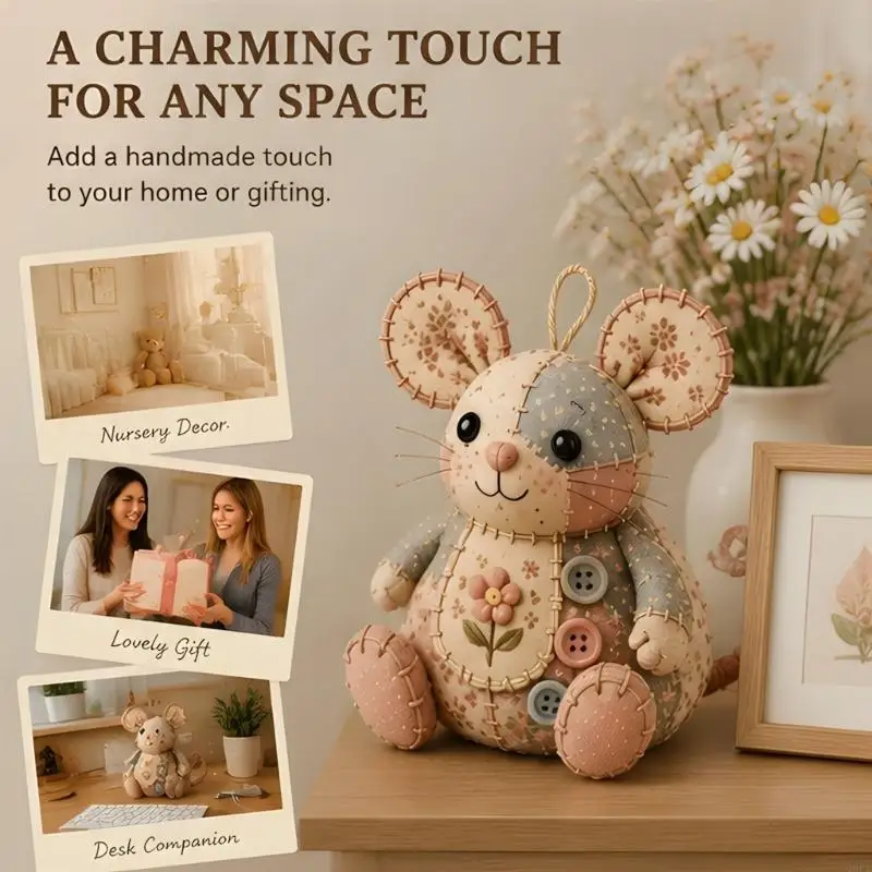 Old Patchwork Mouse Making Set With blossomy Patterns And Wooden Belly Button