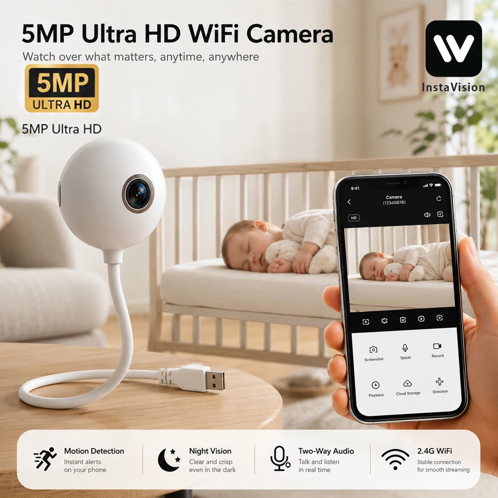 5MP Portable USB Plug Smart Baby Monitor Floodlight Night Vision Two-Way Audio Wireless Home Security Camera For Baby Toddler