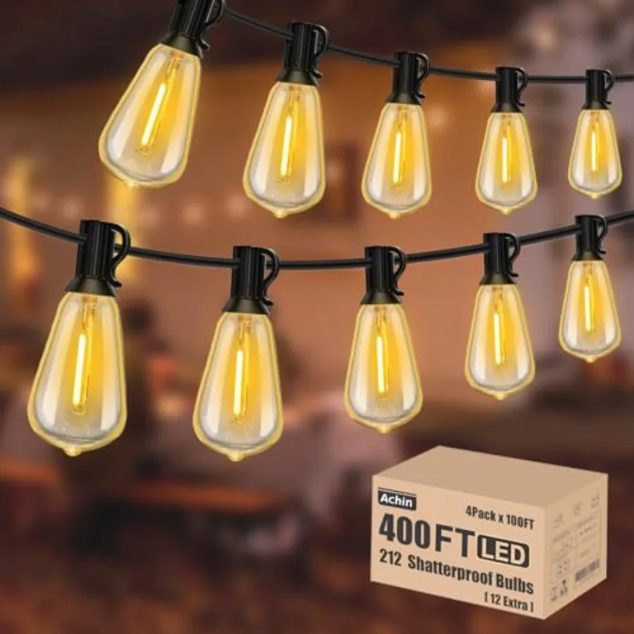 

String Lights for Outside 400FT 100ft*4 2200K Warm Edison String Lights with 200+12 LED Vintage ST38 Bulbs Shatterproof Patio L