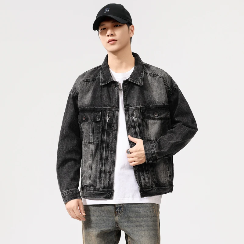 High-end American washed denim jacket men's fall new tide black gray casual jacket men's tops