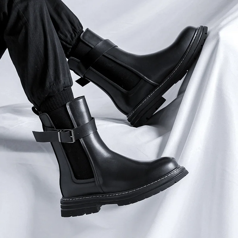 italian brand designer men fashion high chimney boots black trend platform shoes original leather chelsea boot long botas hombre