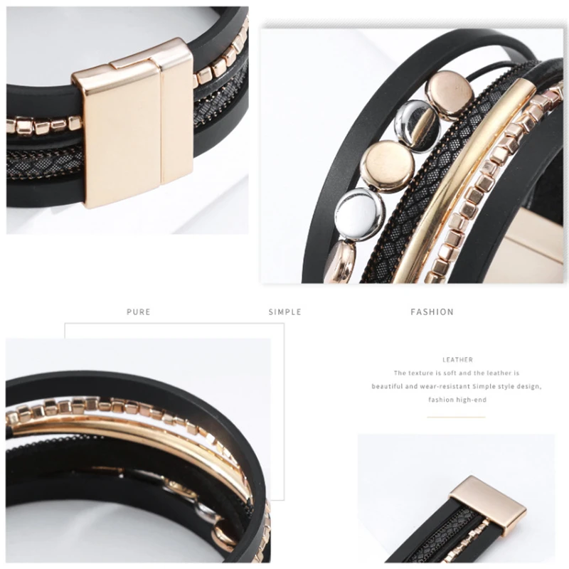 WYBU Summer Beach Style Magnetic Suction Bracelet Femme Retro Hardware Brass Accessory Leather Bracelet for Women Jewelry Gift