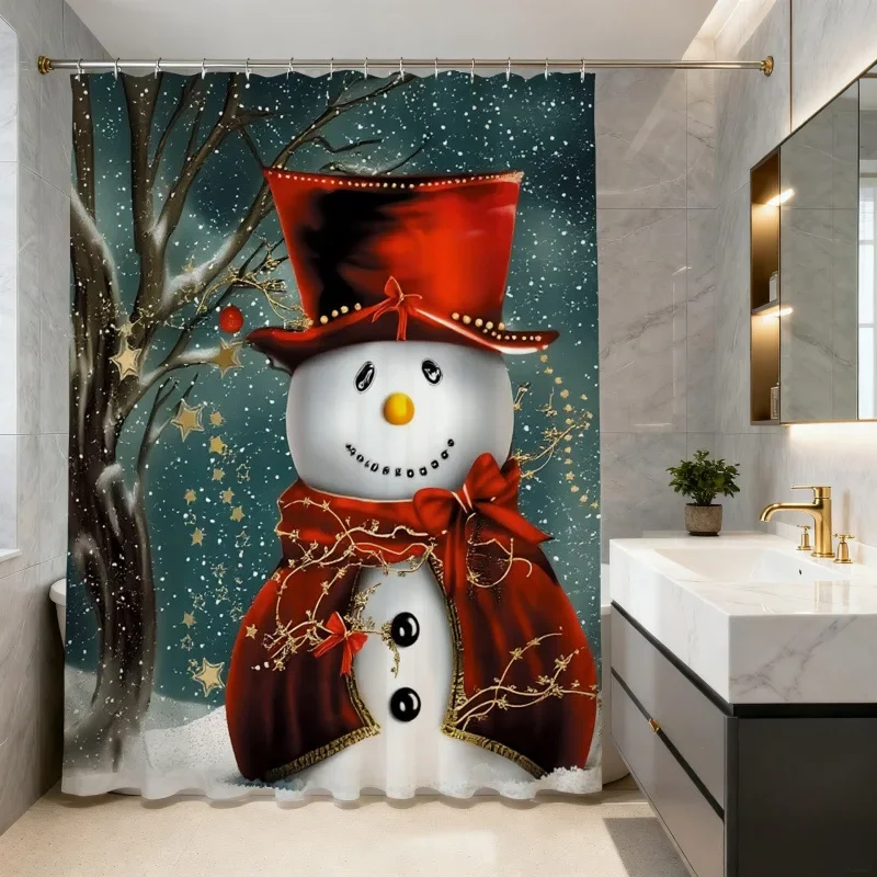 Christmas Shower Curtain Snowman Gingerbread Man Santa Xmas Tree Reindeer Waterproof Bath Curtain Holiday Decor w Hook