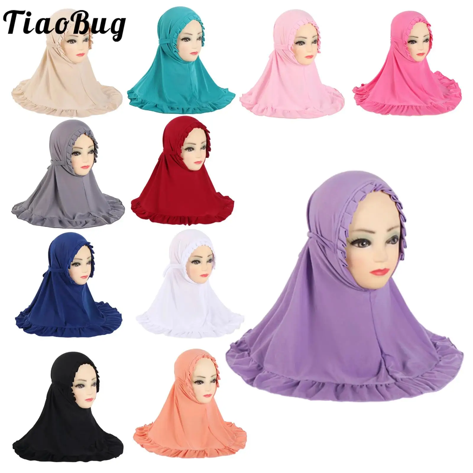 

Милый однотонный хиджаб с рюшами и ремешком для маленьких девочек, детский мусульманский исламский тюрбан, головной платок