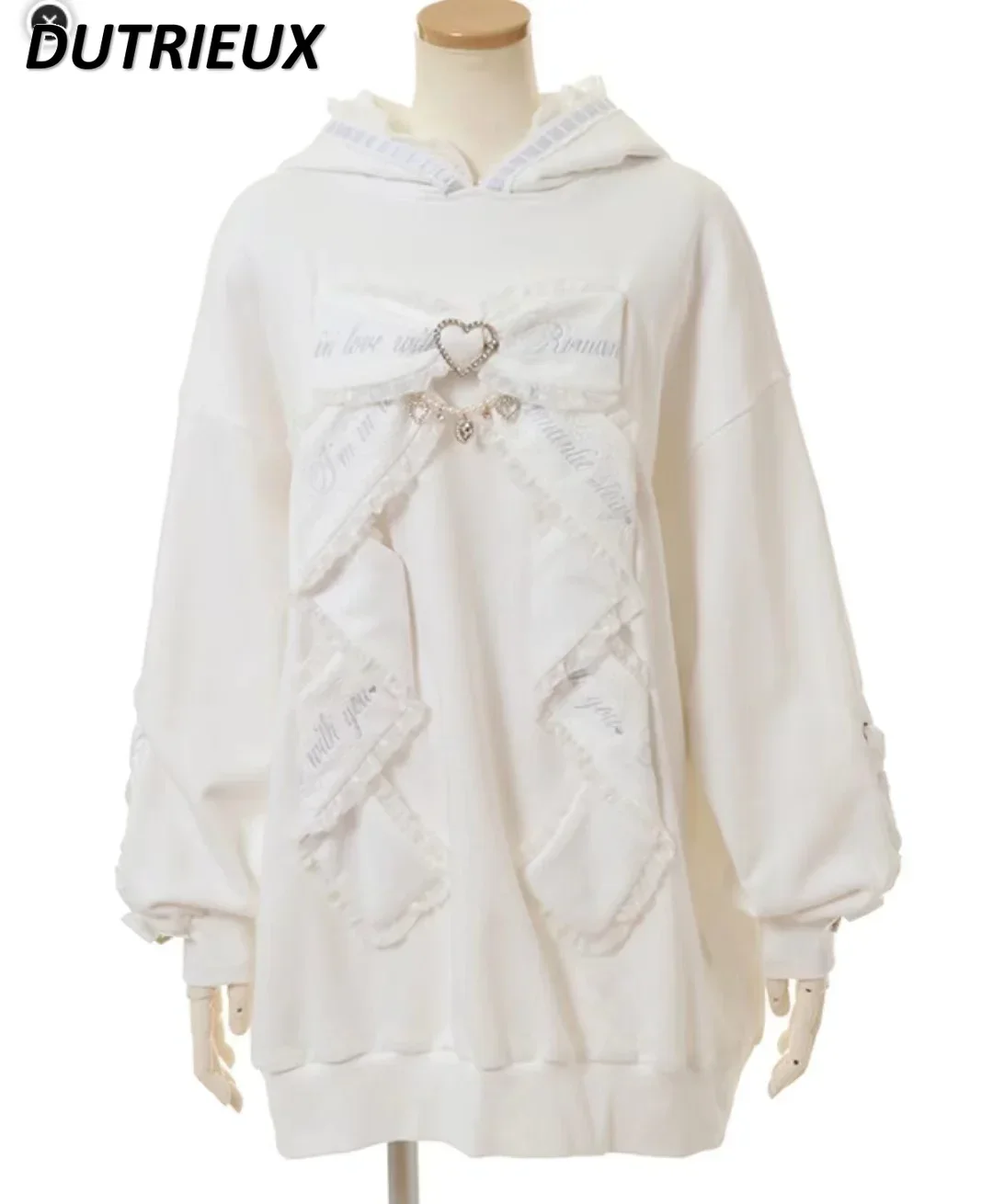 Solid Color Long Sleeve Hooded Mid-Length Pullover Japanese Style 2023 Autumn Sweet Big Bow Sweatshirt Straight Oversized Hoodie