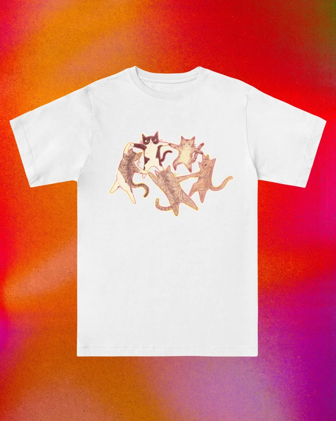 Y2K Dancing Cat and Star Print Short-sleeved Harajuku Hip-hop T-shirt Vintage Street Tee Casual Loose Fashion T Shirts Unisex