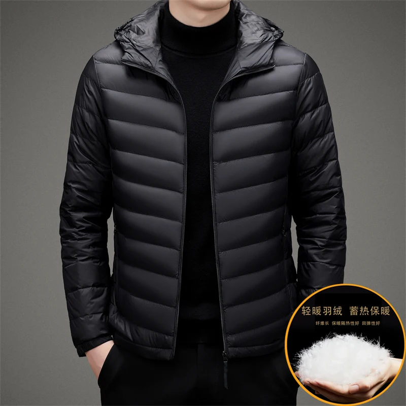 Lightweight 90% White Duck Down Coat Men's Winter Simple Solid Warm Padded Hooded Jacket Long Sleeve Thermal Down Coat