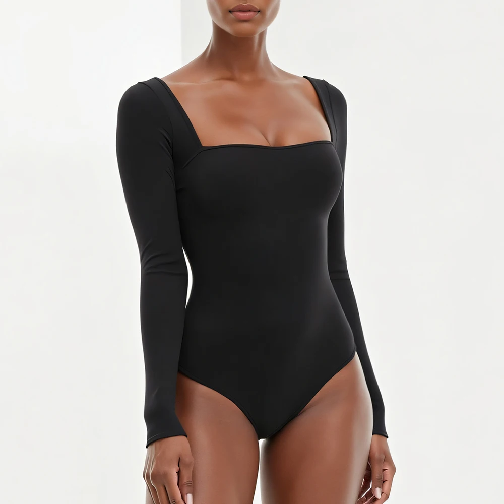 جمبسوت نسائي مناسب لجميع المواسم، أساسيات نحيفة بدون ظهر، لون سادة، أكمام طويلة، رقبة مربعة، جمبسوت كاجوال قصير