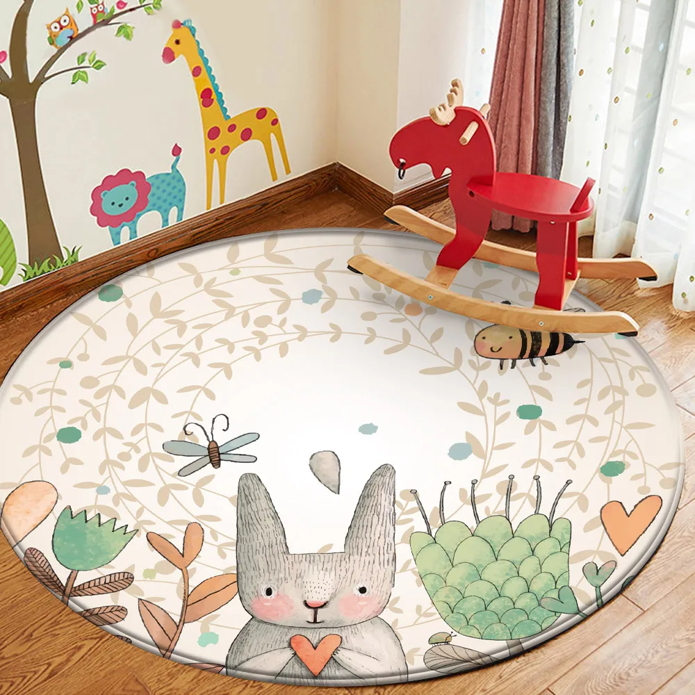 Baby Play Mat Round Children Carpet Simplicity Animal Bunny Bee Pattern Children Flannel Carpet Baby Hand Print Round Carpet