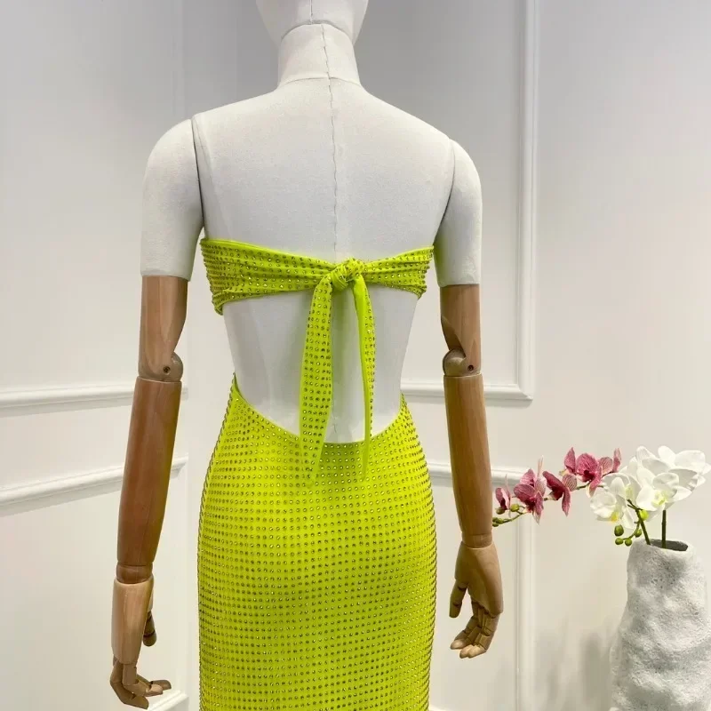 Diamonds Green Vintage New 2023 Summer Sexy Cut Out Luxury Sleeveless Lace-up Woman Midi Camisole Dress for Party