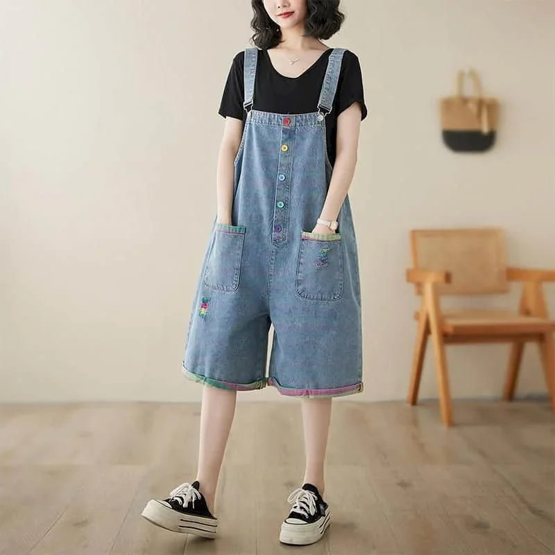 

Denim Jumpsuits Women Vintage Korean Style One Piece Outfit Casual Cropped Rompers Solid Wide Leg Jeans Summer Women Clothing
