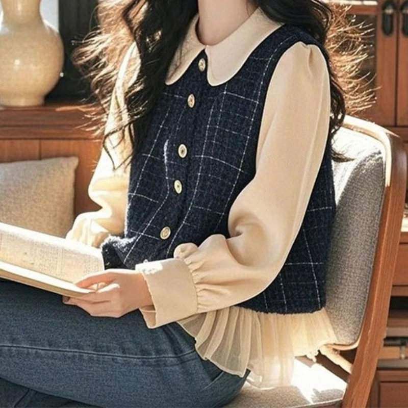 

Beautiful Western Style Age-reducing Tibetan Plaid Mosaic Doll Collar Shirt