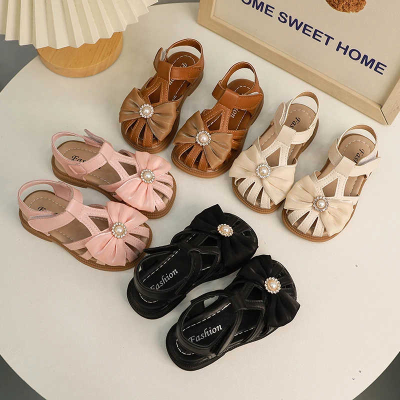 

Children Princess Sandals for Girls Summer New Fashion Bow Pearl Kids Closed Toe Breathable Beach Shoes Baby Girl Roman Sandals