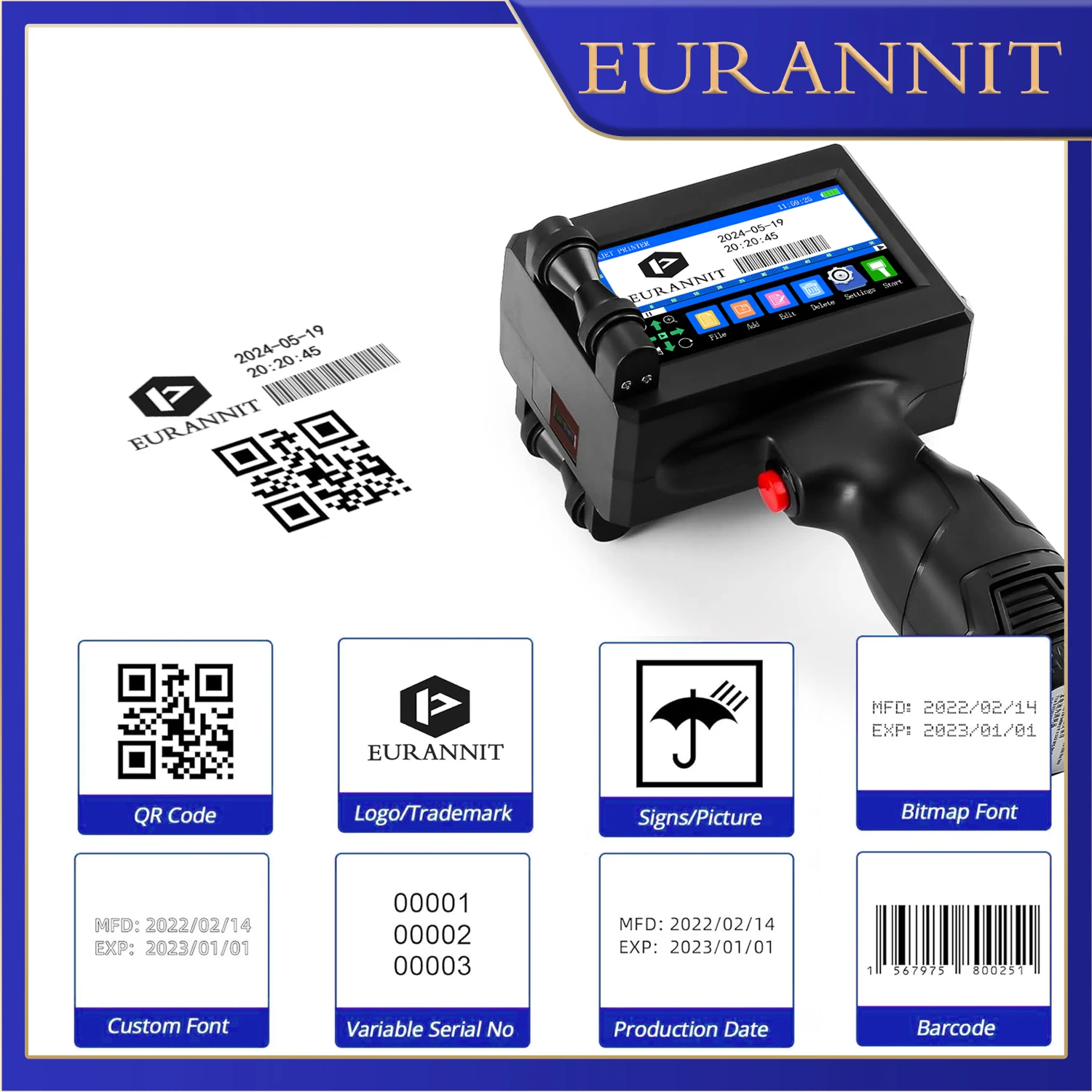 EURANNIT E15 12.7mm Portable Thermal Inkjet Printer for Text QR Barcode Image Batch Number Logo Date Handheld Printing Machine