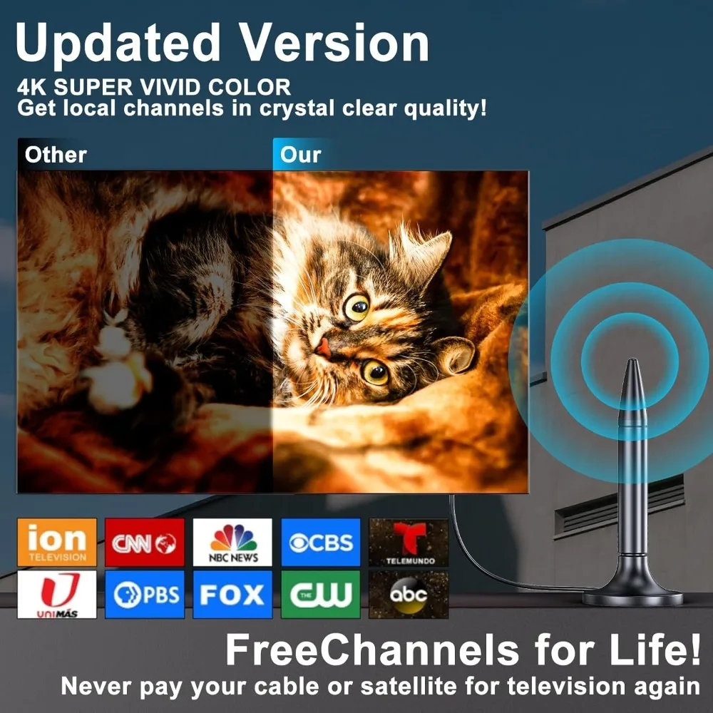 هوائي تلفزيون داخلي مع معزز للإشارة - هوائي رقمي عالي الدقة طويل المدى للتلفزيونات الذكية والأكبر سنا، يدعم القنوات المحلية، 4K 1080p