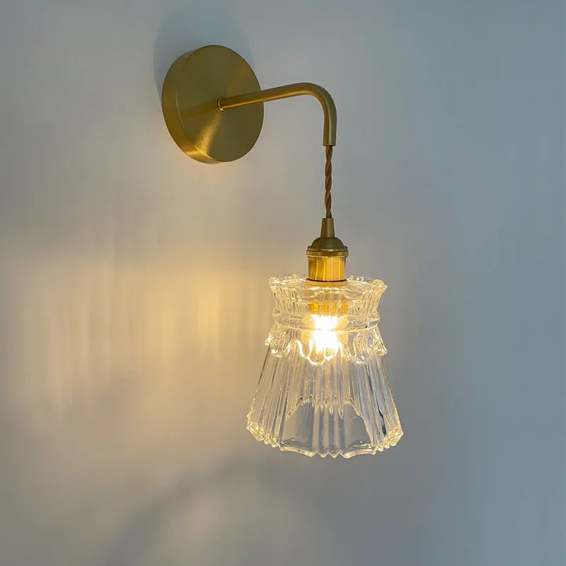 

retro all-copper glass wall lamp, post-modern simple light luxury bedroom bedside