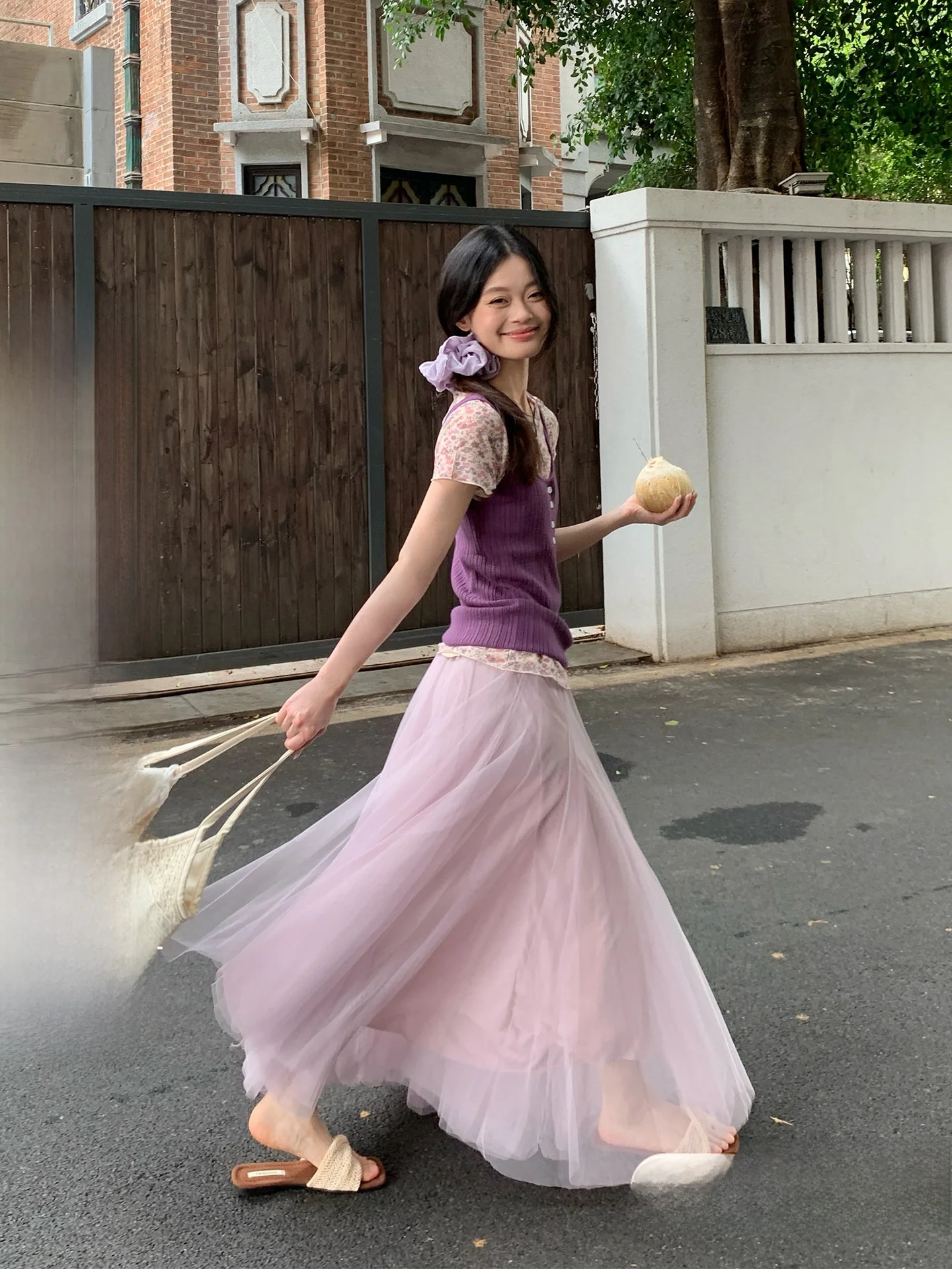 

Song Zhengen Light Purple Mesh Half Skirt Women's High Waist Casual Beautiful Unique A-Line Long Skirt Korean Style Commute