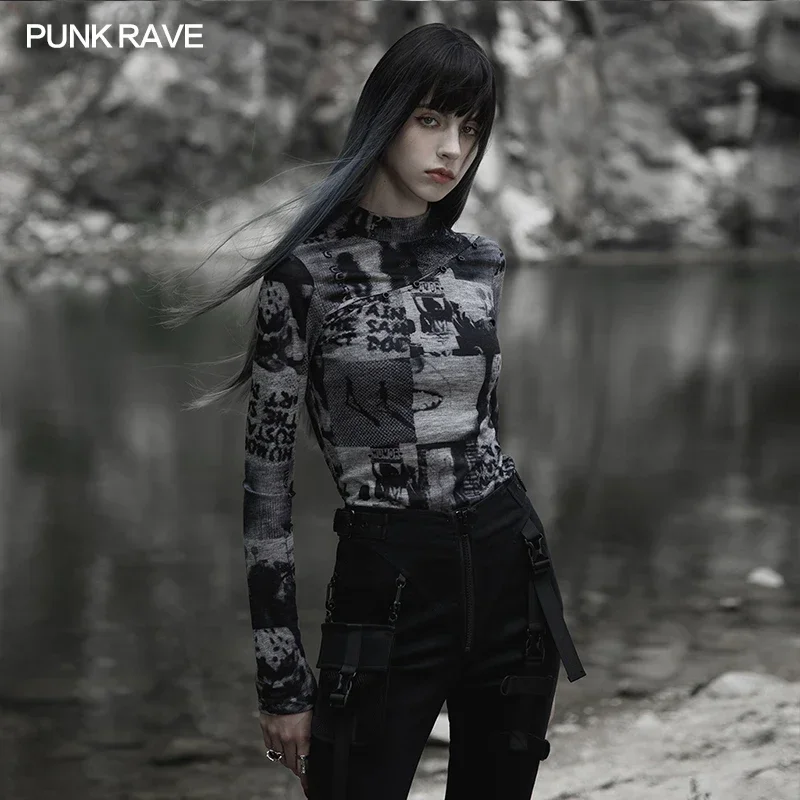 PUNK RAVE Women's Punk Daily Fit Split Small Stand Collar Digital Printing Long Sleeve T-shirt Tight Tops Spring/Autumn