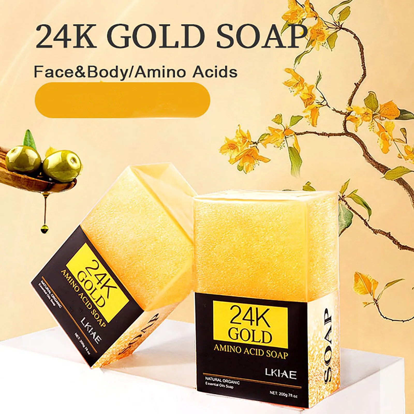 LKIAE 24K Gold Amino Acid Lightening Soap Bar For All Skin Tone, Brighten, Anti Black Spots, Acne, Smooth and Soften Skin, 200g