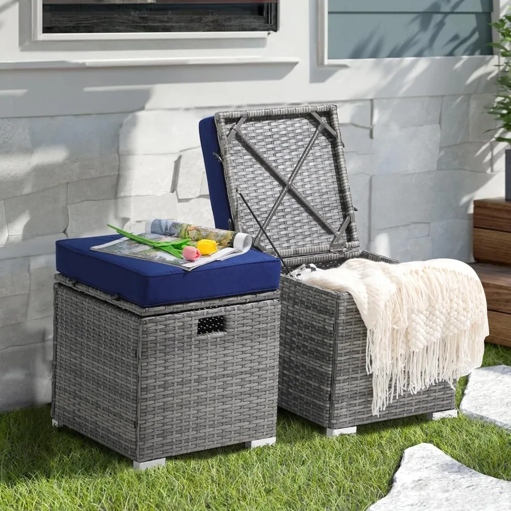 2 Piece Outdoor Patio Ottomans,All-Weather Grey PE Rattan Wicker Ottoman with Storage,Outdoor Footrest Footstool Seat