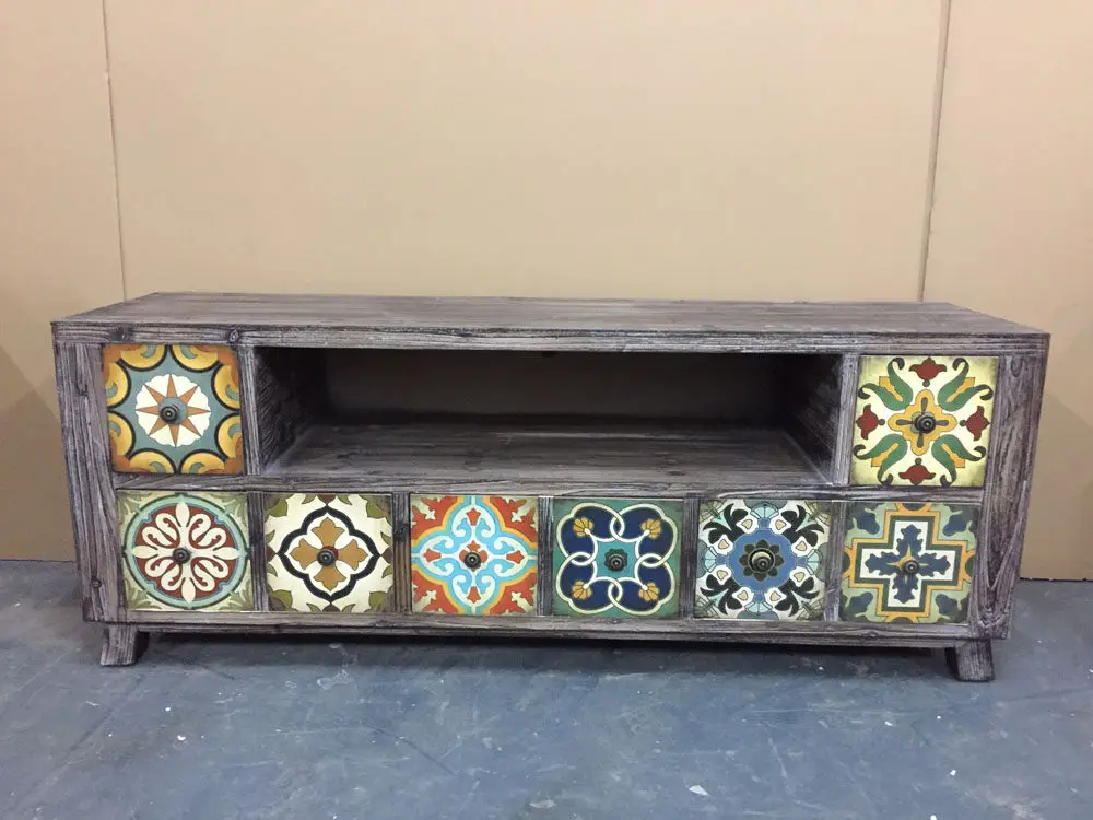 American rural Mediterranean style retro decorative cabinet simple TV cabinet living room solid wood coffee table combination
