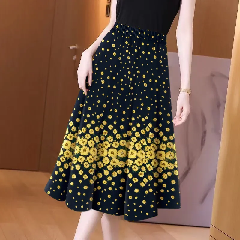 

Юбка-миди трапециевидной формы с цветочным принтом, женская повседневная шикарная юбка Prairie Loose Fit с натуральной талией, офисная одежда, весенне-осенний стиль