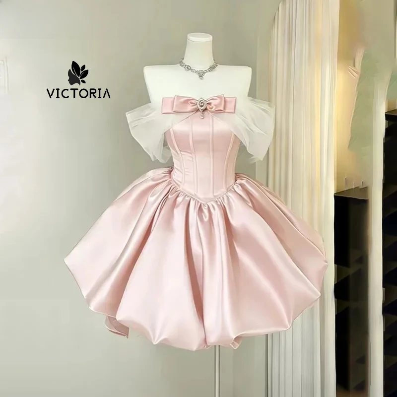 Customized Satin Off Shoulder Mini Evening Party Dress with Bow Rhinestone Detail Prom Quinceañera Princess Gown