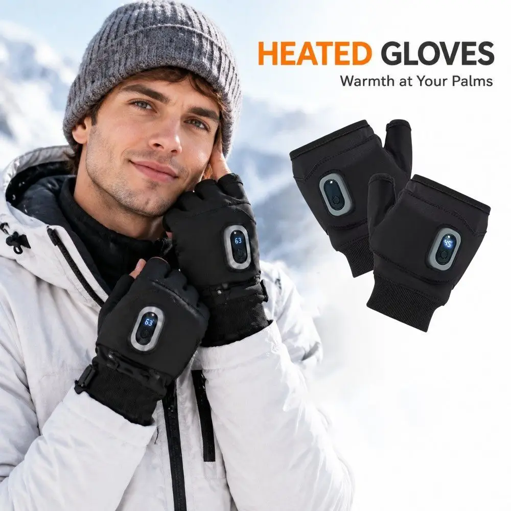1Pair Fingerless Heating Gloves USB Rechargeable Thermal Electric Heated Gloves 3-speed Adjustable Temperature Contro