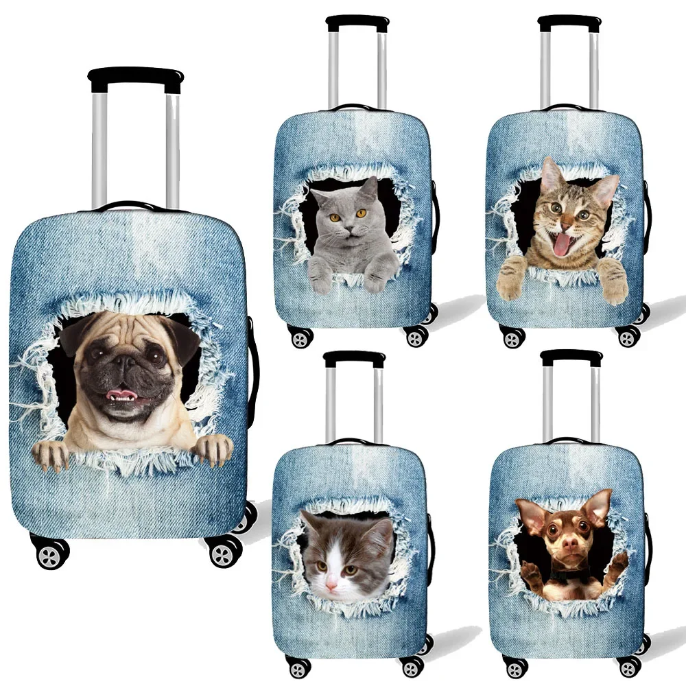 Housse de bagage imprimée chat/chien mignon dans le trou, housse de valise élastique Anti-poussière pour chariot