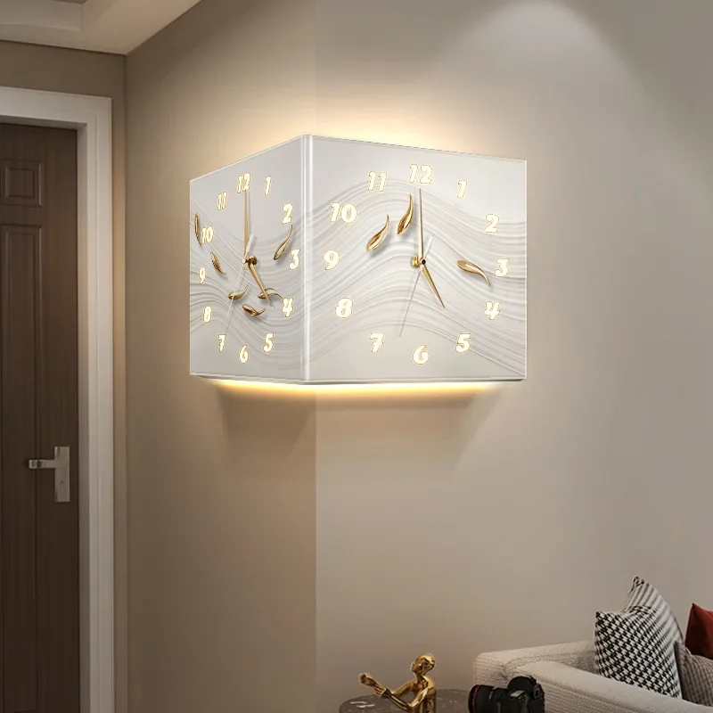 Living room creative corner clock wall lamp, nine fish map corner clock light painting