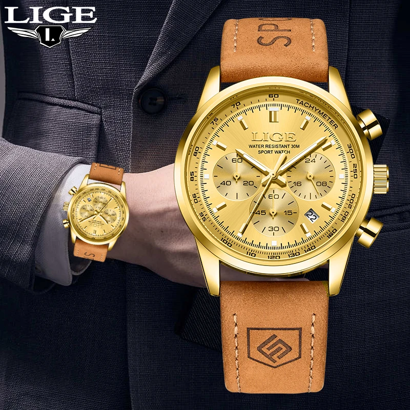 

LIGE Top Brand Luxury Men's Watches Leather Strap Fashion Clocks Quartz Man Watch Casual Sport Waterproof Auto Date Wristwatches