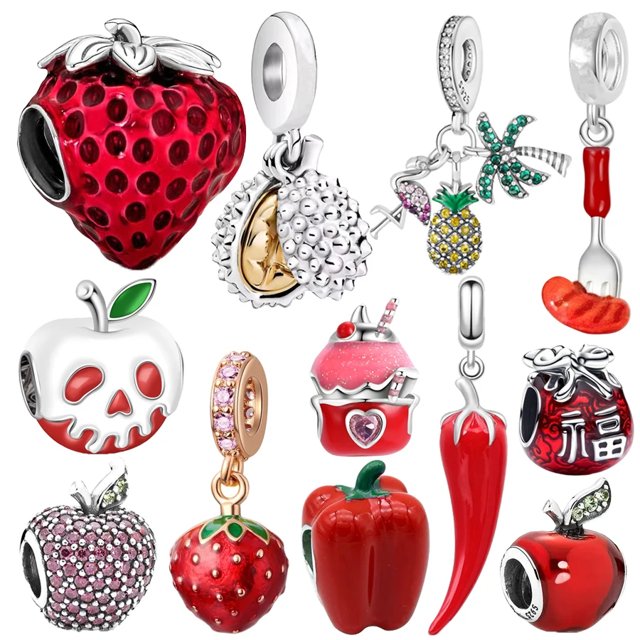 

Hot Sale Cherry Fruit Lemon Slice Strawberry Durian Apple Chili Charm Beads Fit Original 925 Sterling Silver Bracelet Jewelry