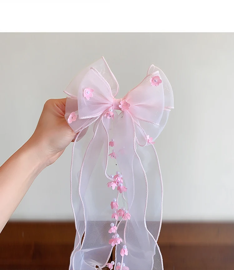 Niedliche Prinzessinnen-Tüll-Haarspangen mit Schleife für Mädchen, Lange Bandverzierungen, Blumen-Dekor Haarklammern für Kleinkinder und Kinder, Süße Haaraccessoires – Detail 6