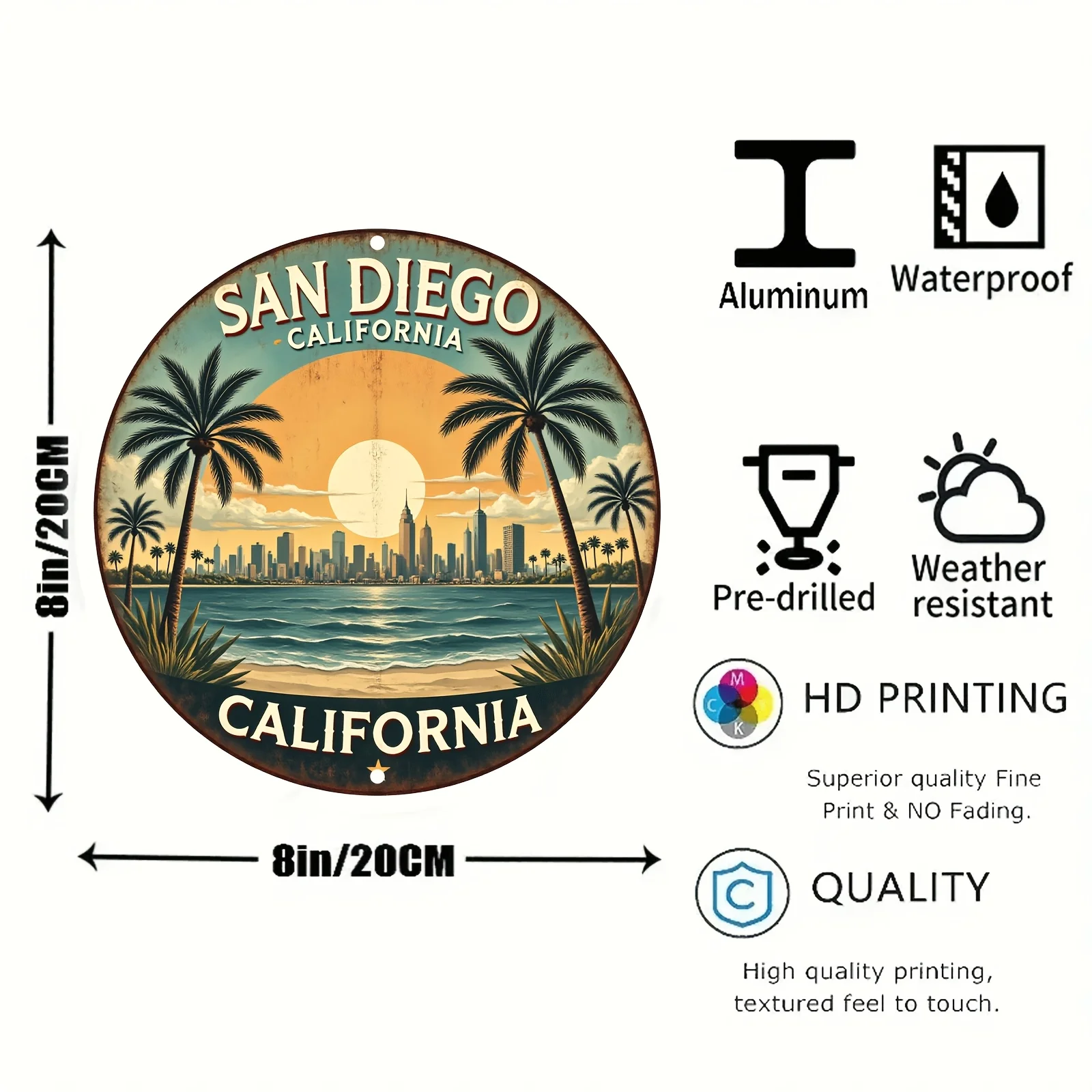 Vintage San Diego California Skyline Wall Art - Aluminum Metal Sign with Palm Trees & Sunset View, Circular Retro Beach Decor fo