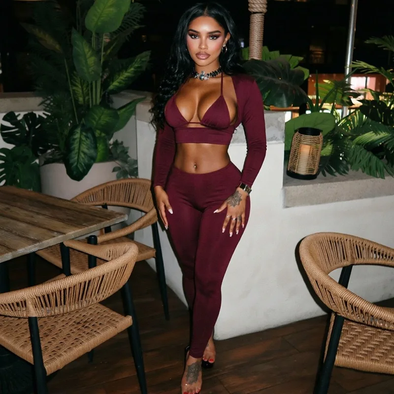 Women 3 Piece Outfit Set Halter Triangle Bikini Top Long Sleeve Shrug Cover Up High Waist Skinny Leggings Sexy Bodycon Clubwear