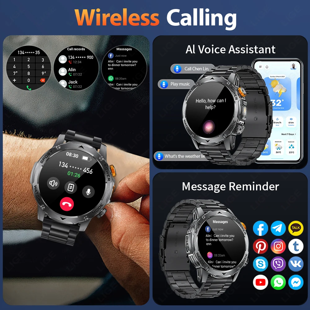 LIGE ساعة ذكية عسكرية جديدة للرجال BT Call AMOLED Smartwatch معدل ضربات القلب الأكسجين في الدم مراقبة النوم الرياضة اللياقة البدنية Smartwatches الرجال