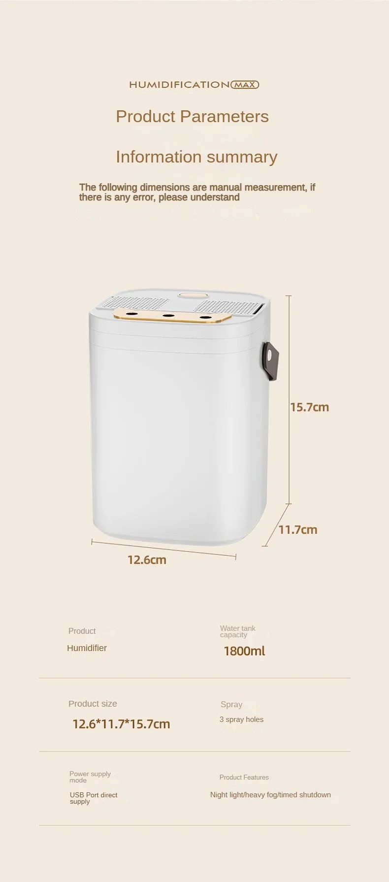 TINSOL 1,8-Liter-Sprühbefeuchter mit drei Löchern, Dual-Filter, USB, großes Fassungsvermögen, für Zuhause/Wohnheim/Schlafzimmer/Büro, Nachtlicht-Befeuchter – Detail 16