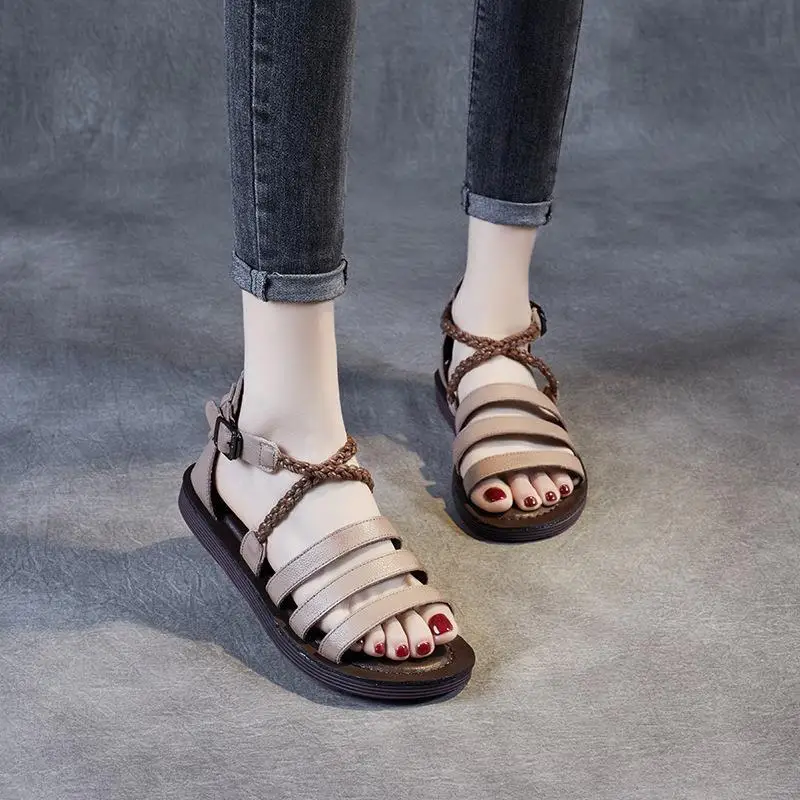 

Handcrafted Flat Bottom Sandals Women's Leather Slip-On Shoes Breathable Low Cut Natural Style Fashionable Toe-Open Design