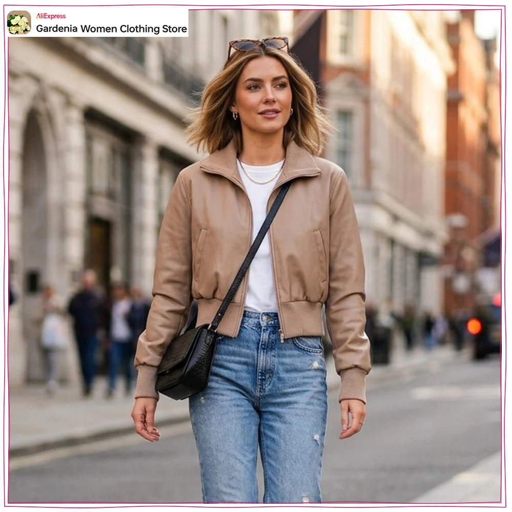 

New in Stylish Faux Leather Bomber Jackets for Women High Collar and Long Cuffed Sleeves Zippered Jackets with Tonal Ribbed Trim