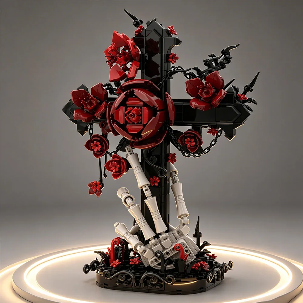 NEUES MOC Modellbausatz Totenkopf-Rosenstrauß Modell Gotischer Krähenschädel Blumen Dekoration Gotisches Kreuz Festival Party Geschenke