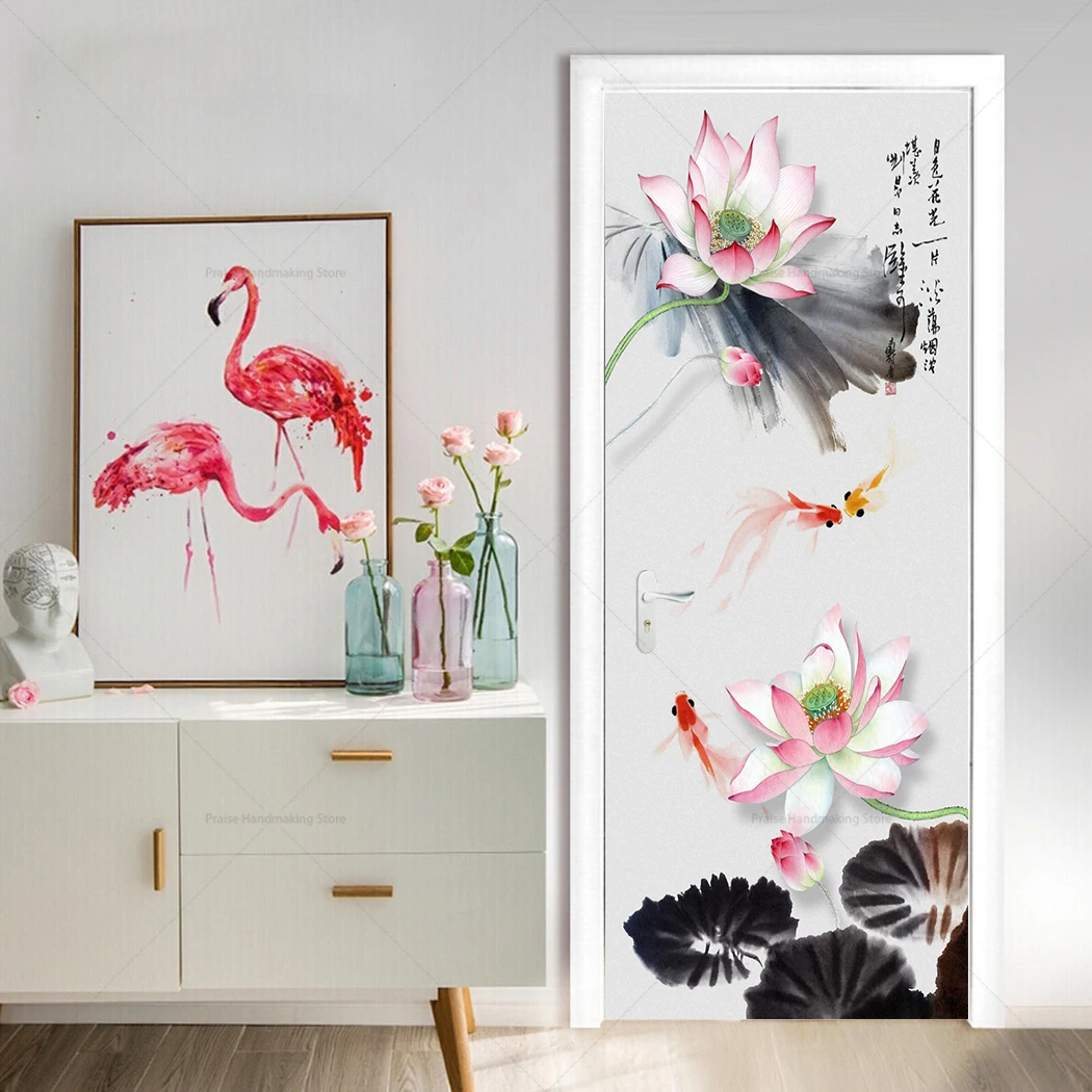 Peel-off Chinese Flower Door Stickers Home Decoration TV Background Wall Stickers PVC Vinyl Waterproof Posters