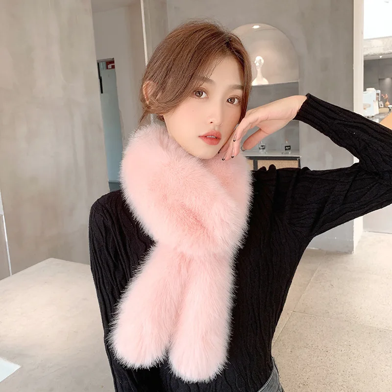 Plush Cross Scarf Faux Rabbit Fur Thickened Soft Scarves Solid Color Winter Cold Resistant Women Neck Warmer Collar Scarf