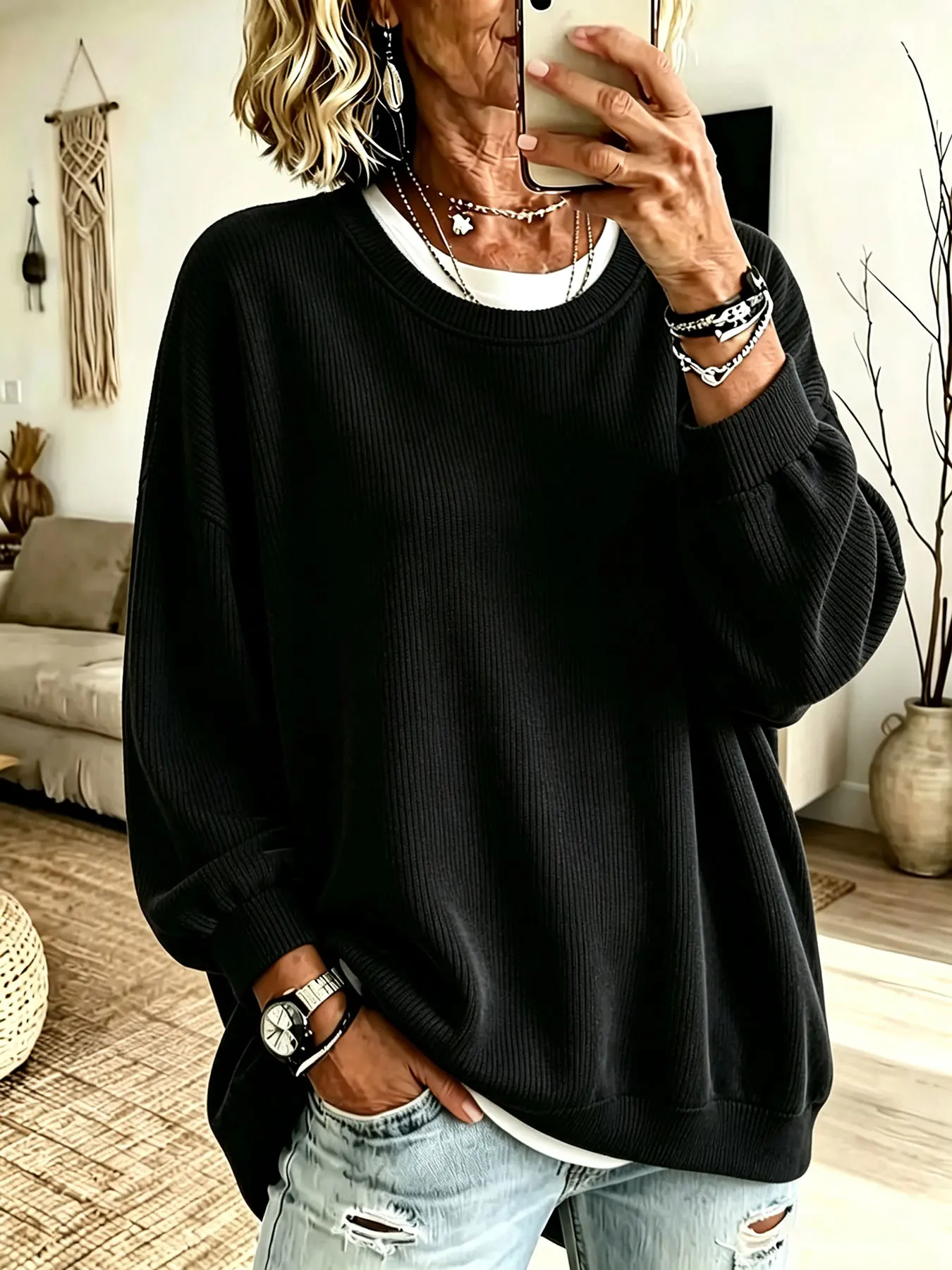 Women's Loose Hooded Short-Sleeve Sweatshirt with Drawstring, V-Neck, Drop Shoulder, Mid-Sleeve Top, Lazy Style, Plus-Size, Drapey Velvet Texture, Casual Pullover for Daily Commute Wear