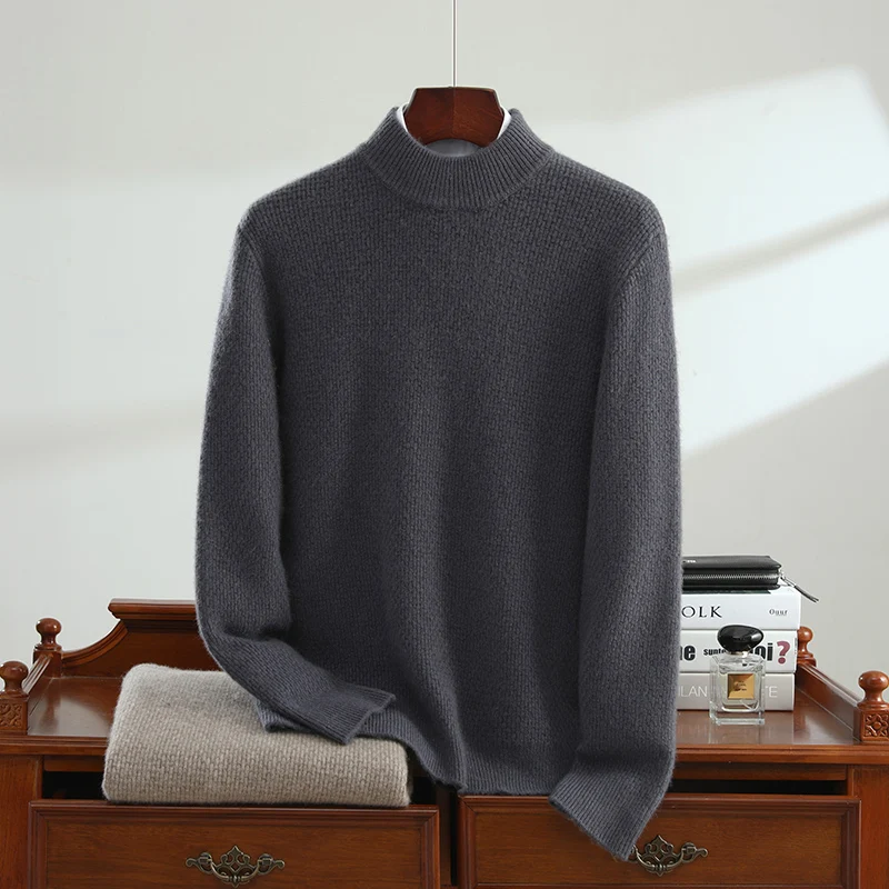 new product: 100% cashmere knitted pullover, long sleeved sweater, casual men's semi high neck, business cashmere sweater