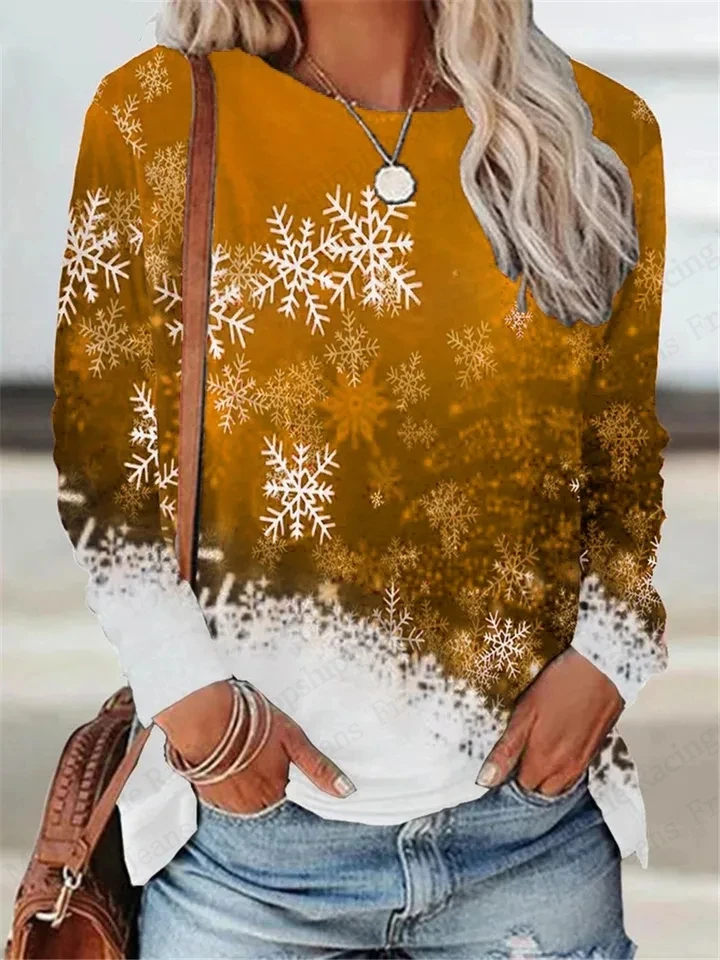 المرأة ندفة الثلج عادية كم طويل تي شيرت شجرة عيد الميلاد ثلاثية الأبعاد قميص مطبوع المرأة موضة عادية المتضخم تي شيرت النساء الملابس