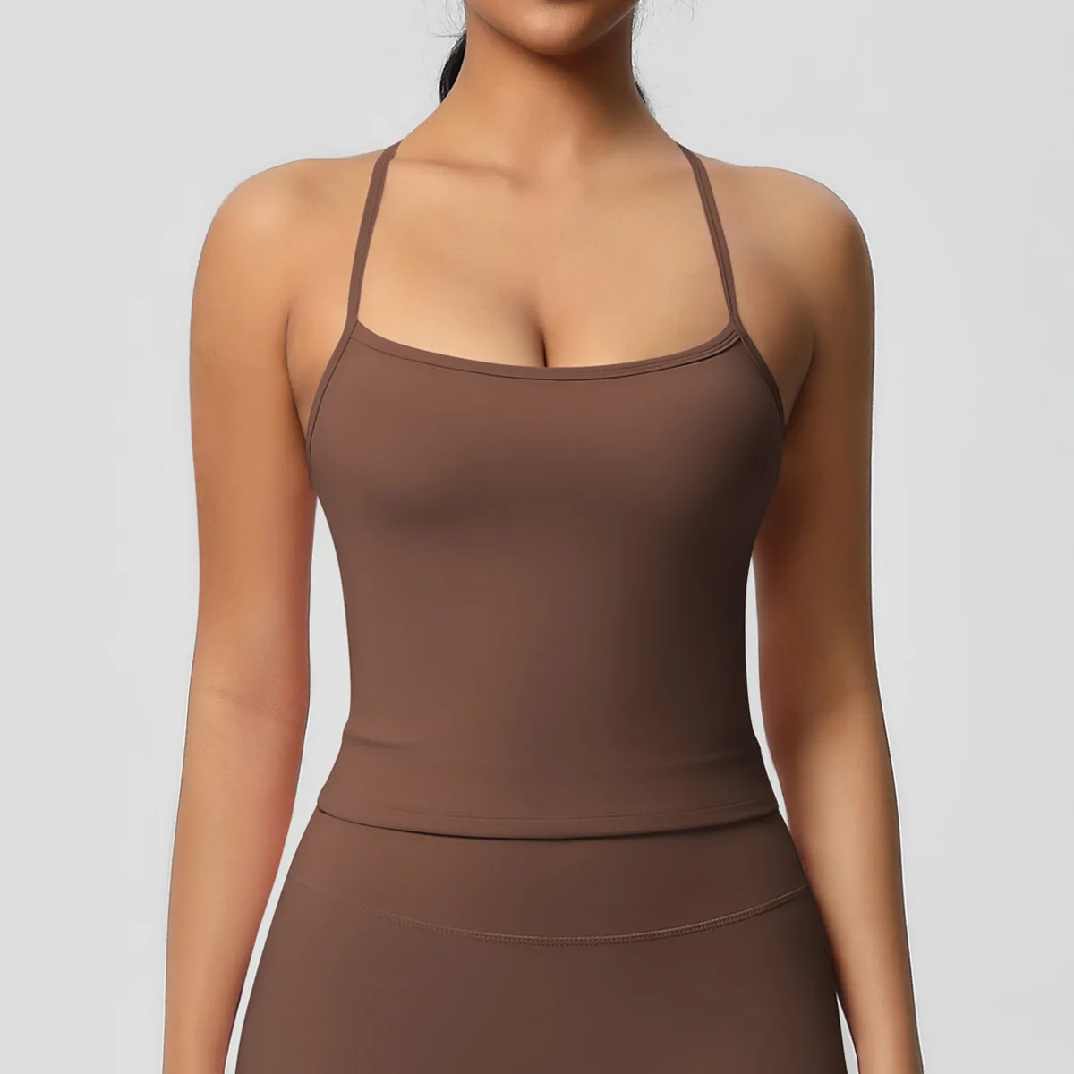 Einteilige Brustpolsterveste, doppelseitig mit Fell, einfarbig, eng anliegender Rücken, lange Sport-Lingerie, Lauf-, Fitness- und Yoga-Anzug für Frauen. – Detail 1