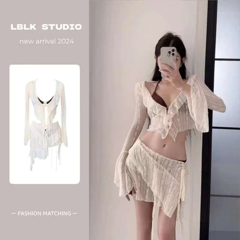 

Women's Sheer Lace Two Piece Outfit V-Neck Flare Long Sleeve Crop Top with Drawstring Ruffle Mini Skirt Set